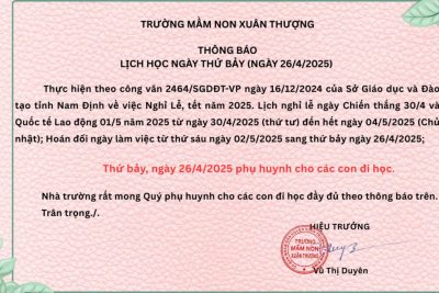 Thông báo lịch học ngày thứ bảy (ngày 26/4/2025) hoán đổi cho ngày thứ sáu (ngày 02/5/2025)